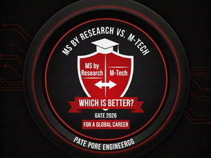 Shield logo comparing MS by Research and M-Tech. Text: "Which is better? GATE 2026 for a global career." Red and black tech-themed background.