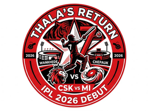 Illustrated cricket theme with a player swinging a bat. Red motif with text "Thala's Return 2026 IPL Debut, Wankhede, Chepauk, CSK vs MI."