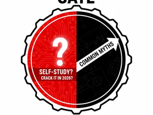 Red and black gear with "GATE" text. Red side asks "SELF-STUDY? CRACK IT IN 2026?" Black side says "COMMON MYTHS." Bottom text: "Unlock Success. Your Way."