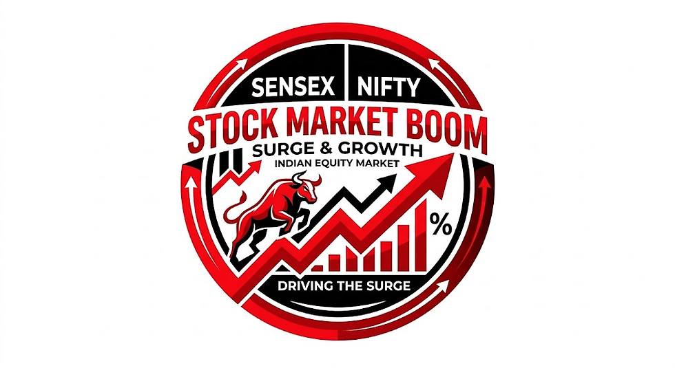 Bull charging upward on a red graph with arrows. Text: "Sensex Nifty Stock Market Boom Surge & Growth Indian Equity Market Driving the Surge".