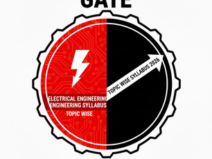 GATE emblem with red and black halves, lightning bolt symbol, and text "Electrical Engineering Syllabus Topic Wise 2026." Text below reads "Unlock Success. Navigate Your Future."