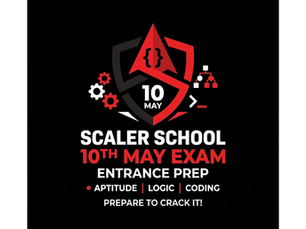 Scaler School exam prep ad with gears, code symbols, and text: 10th May Exam, Aptitude, Logic, Coding. Red, black, white theme.
