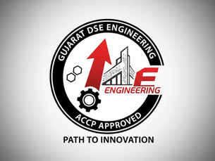 Logo with red arrow, gear, and engineering elements. Text: "Gujarat DSE Engineering, ACCP Approved, Path to Innovation."