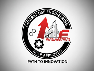 Logo with red arrow, gear, and engineering elements. Text: "Gujarat DSE Engineering, ACCP Approved, Path to Innovation."