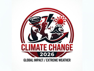 Red and black graphic shows Earth, tornado, lightning, wave, and sun. Text: Climate Change 2026, Global Impact/Extreme Weather.