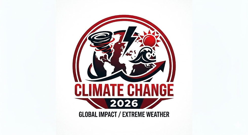 Red and black graphic shows Earth, tornado, lightning, wave, and sun. Text: Climate Change 2026, Global Impact/Extreme Weather.