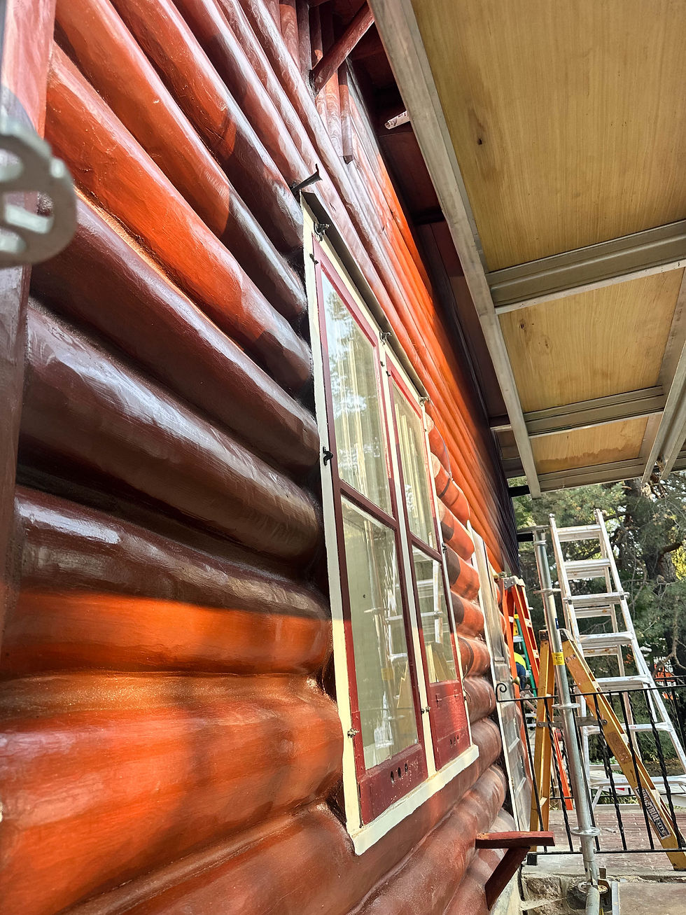 Close-up view of log home wall showing wood grain and stain