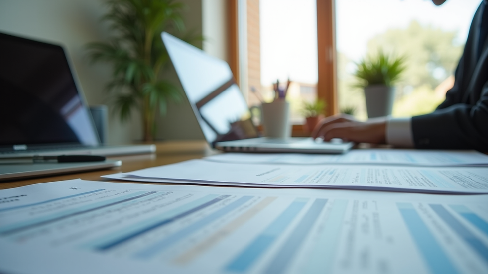 Eye-level view of a modern office desk with financial documents and a laptop
