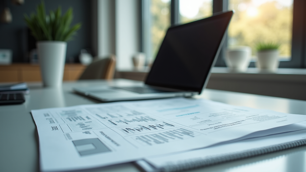 Eye-level view of a modern office desk with financial documents and a laptop