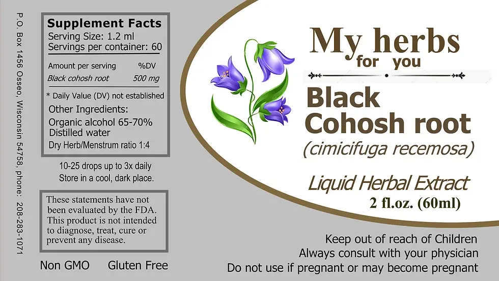 Supplement facts for Black Cohosh root herbal extract, 2 fl.oz, contains 60 servings.