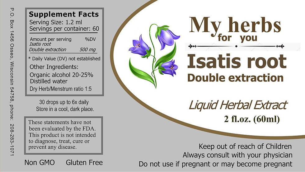 Thumbnail: Isatis root herbal extract supplement facts label, Double extraction, 2 fl.oz, Non GMO