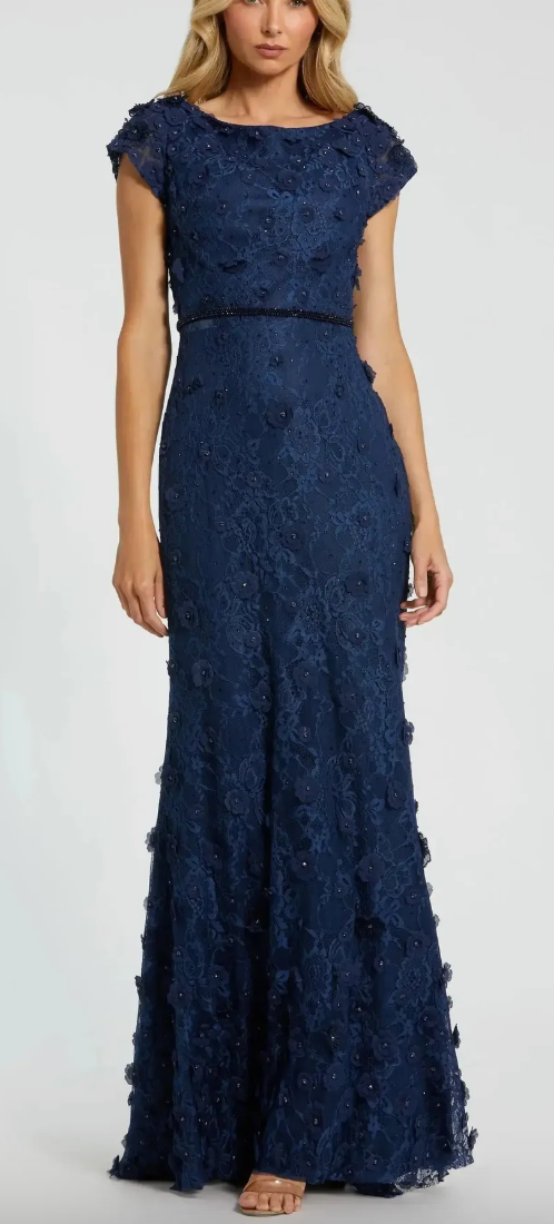 Navy Floral Applique Boat Neck Cap Sleeve Gown