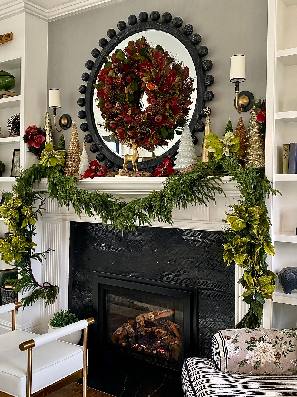 Fireplace at Rock Haven Farm dressed with holiday decor.