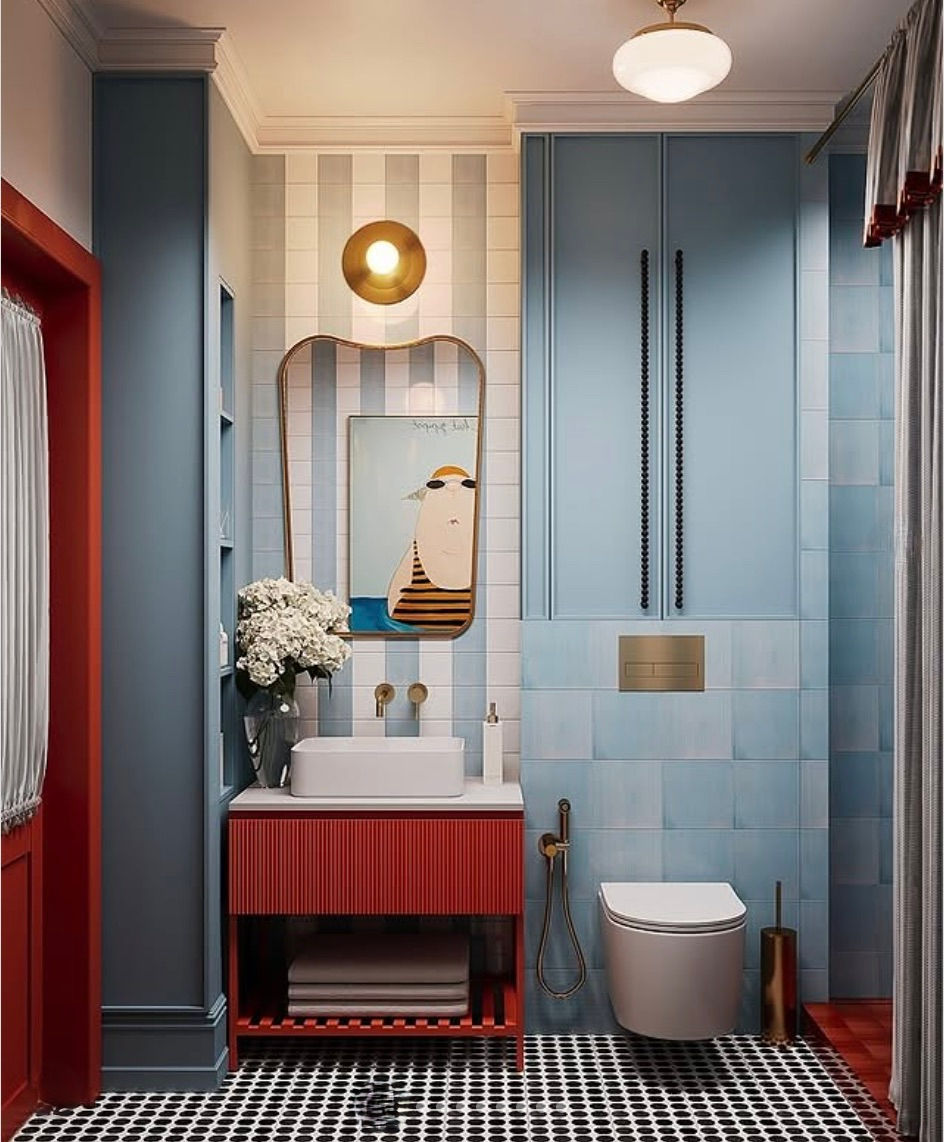 Colorful bathroom design, red vanity, black and white tiled floor.