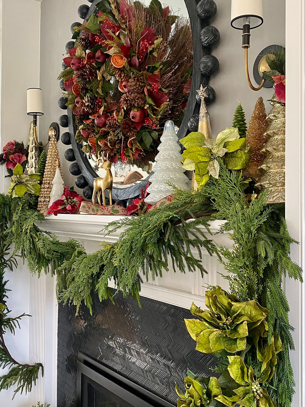 Fireplace at Rock Haven Farm dressed with holiday decor.