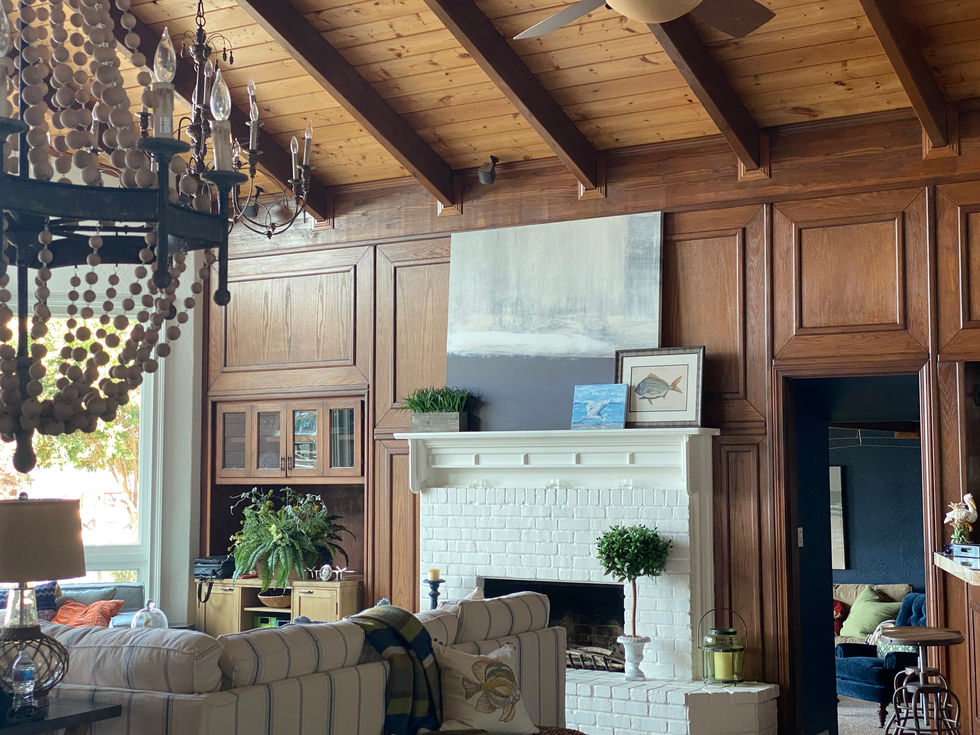 Paneled wall in traditional lake house design.
