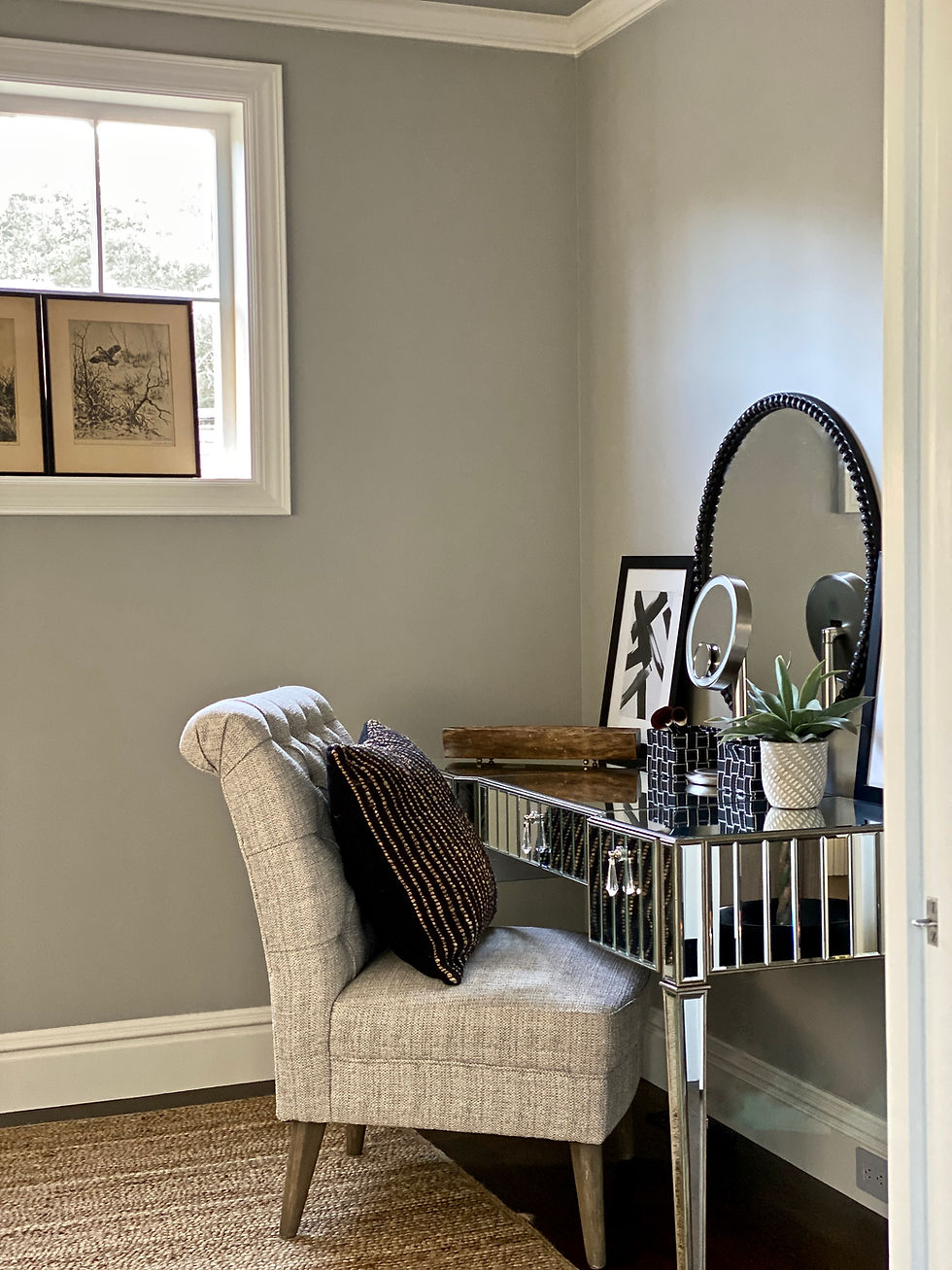 Dressing room, dressing room design, gray paint, hardwood floors, French oak floors, makeup vanity, mirrored vanity, spa retreat