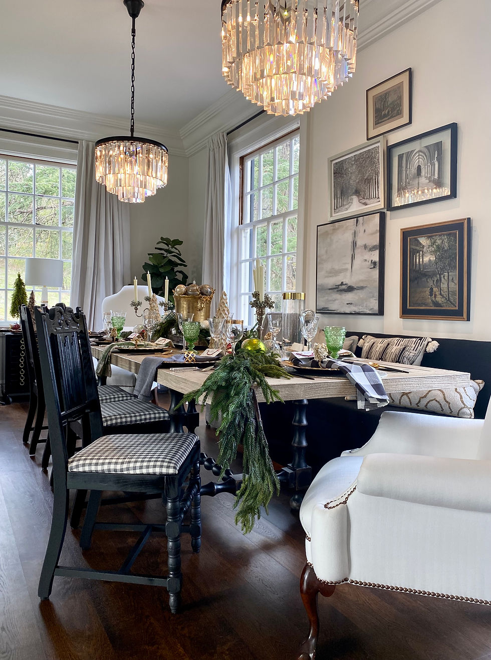 Black and neutral dining room and chairs at Rock Haven Farm dressed for the holidays.