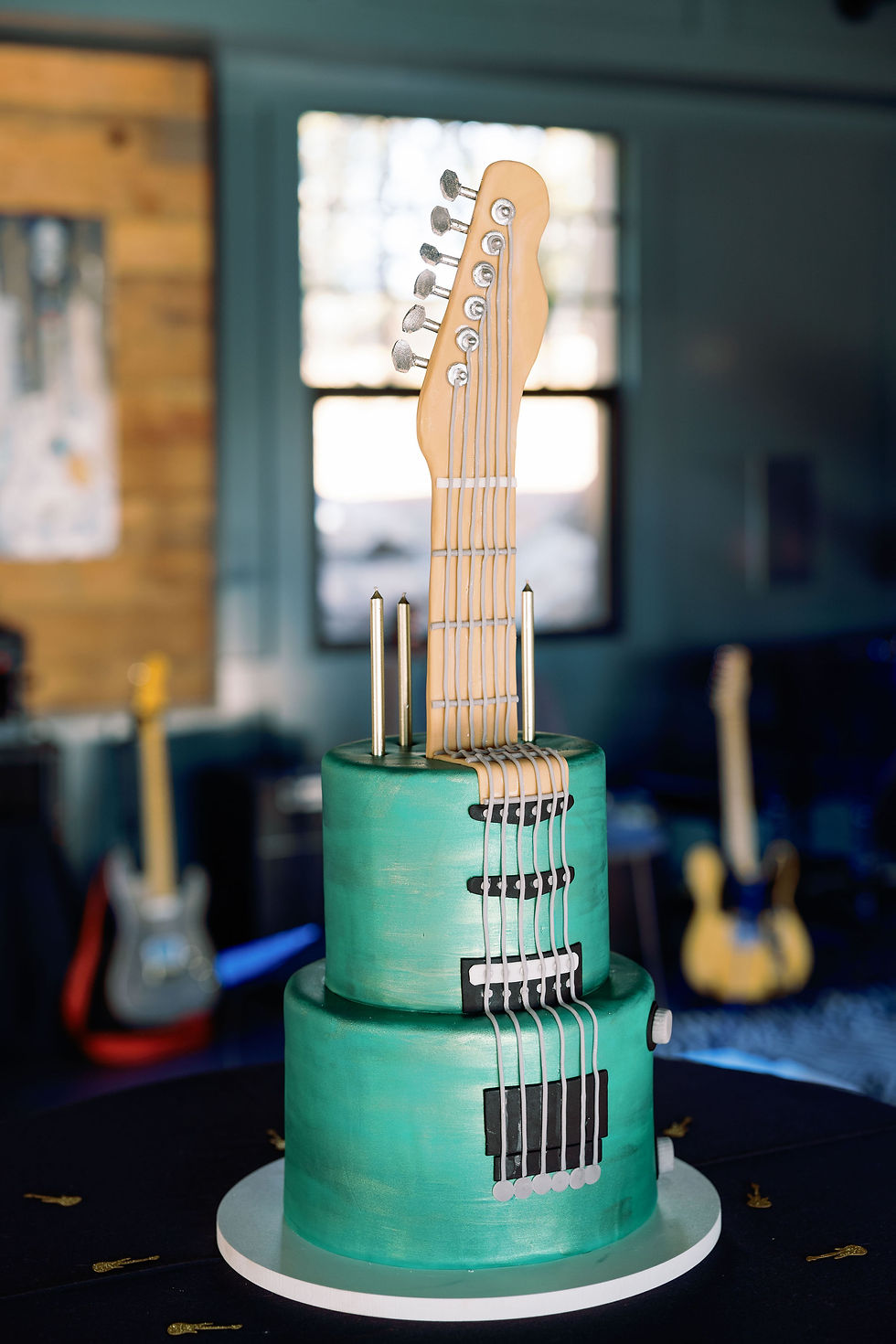 Beautiful guitar cake by Flour & Bloom for 60th Birthday Bash at Rock Haven Farm, Santa Rosa, CA