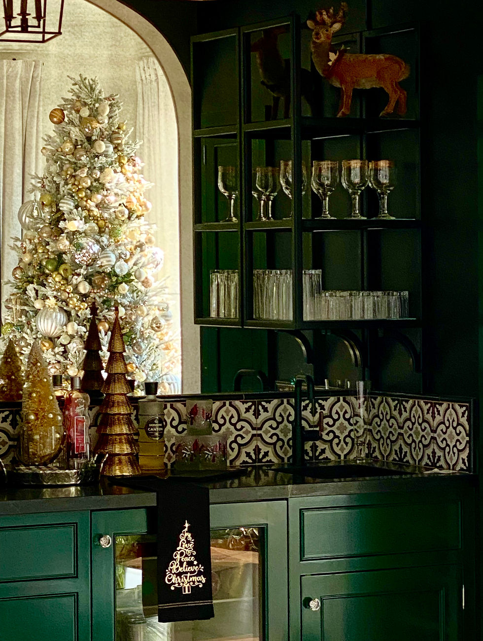 Green wet bar at Rock Haven Farm dressed for the holidays.