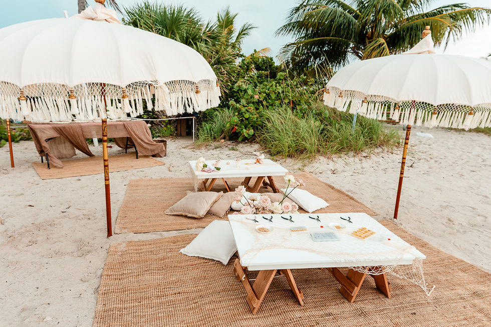 High angle view of a gourmet picnic basket with tropical fruits and seafood on a beach blanket