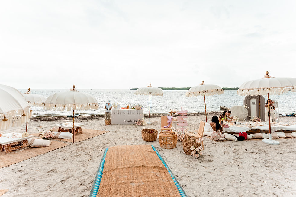 Eye-level view of a luxury seashell-themed picnic setup on Miami beach