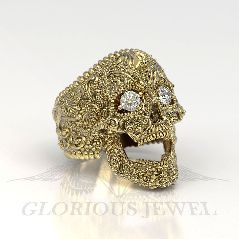 Diamond Gem Sugar Skull Floral Signet Ring - Unique Statement Jewelry