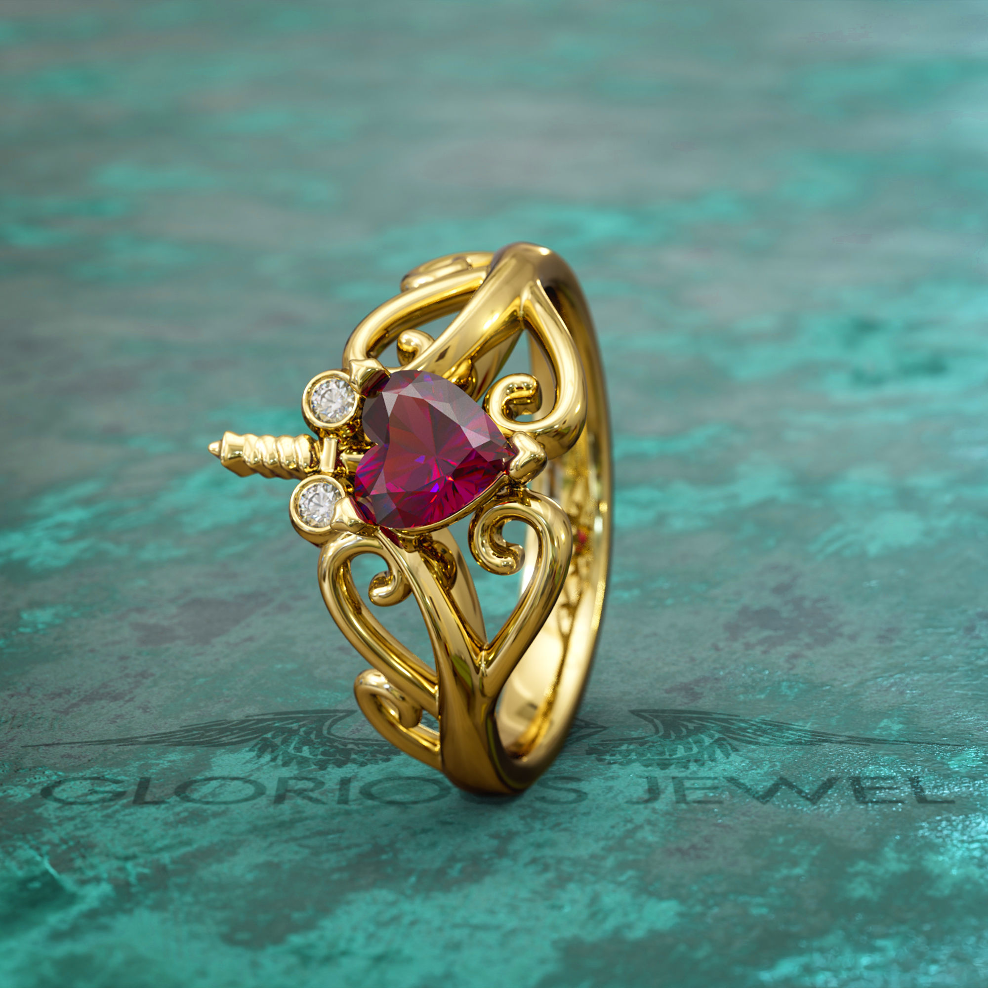 Handcrafted Sword Heart Jewelry Ring with Gem - Unique Statement Piece
