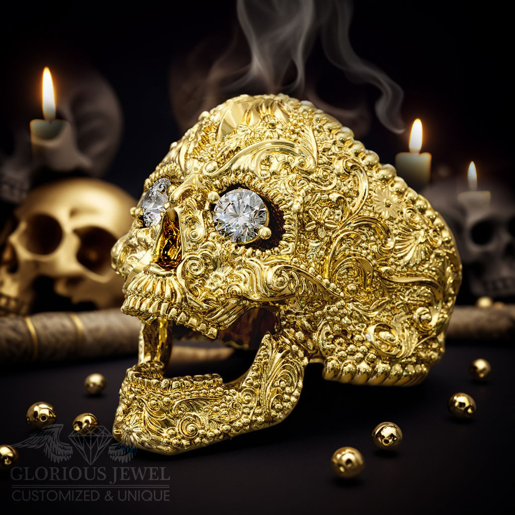 Gold Sugar skull ring with Moissanite gems in eyes - Floral Precious metal skull