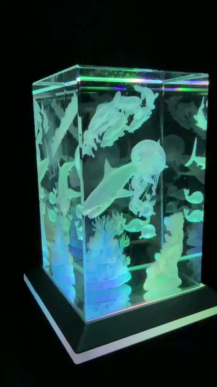 Thumbnail: Sea World Inspired Inner Engraved K9 Crystal Block With or Without LED Base
