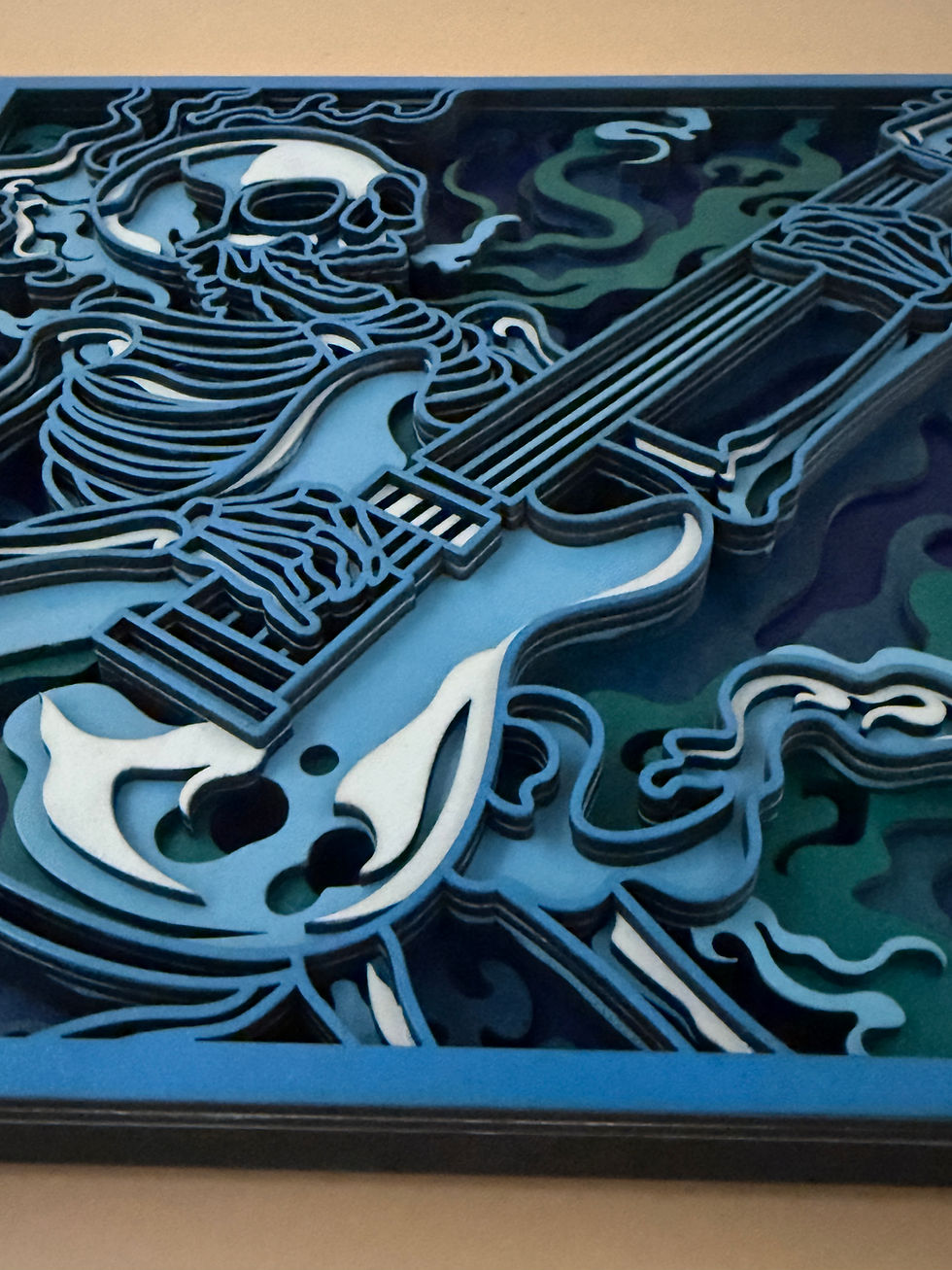 Thumbnail: Horror Inspired Wooden Multilayered Skeleton Guitarist Wall Art