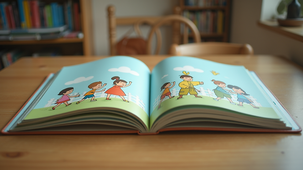 Eye-level view of a colorful children's book with illustrations of diverse characters