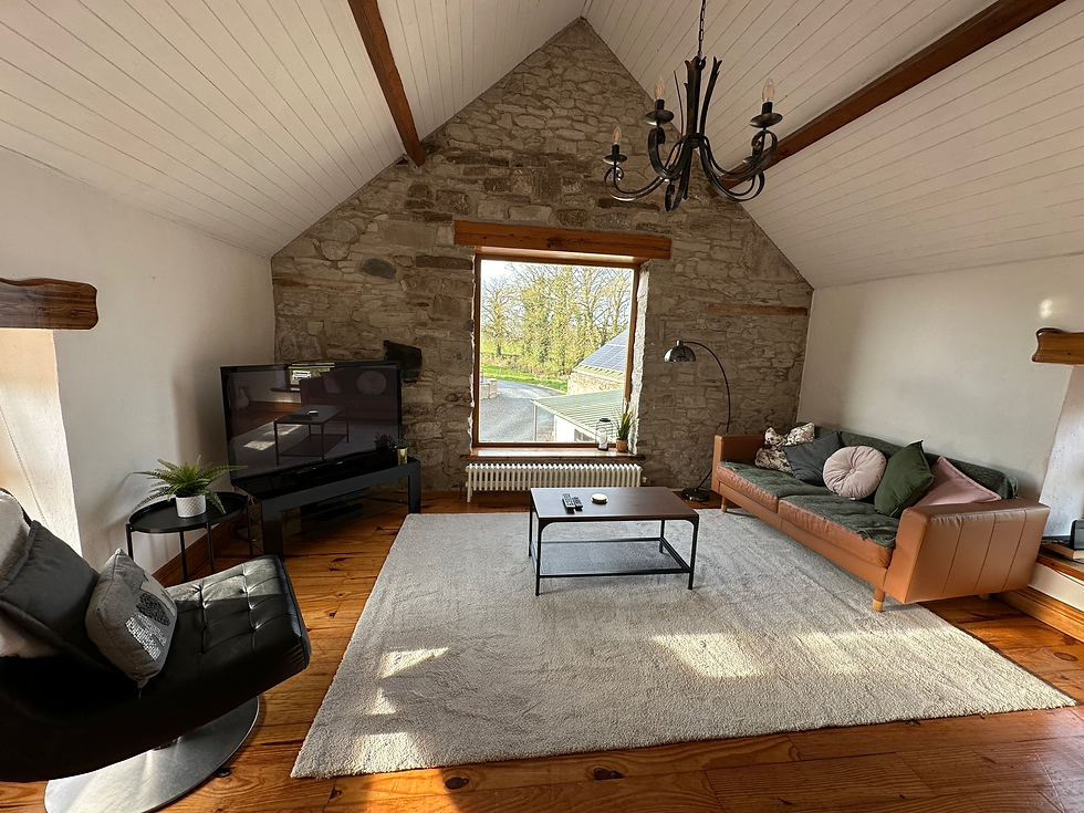 Living room with high vaulted ceiling, original stone work and beams, comfy furnishings.