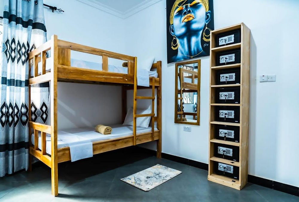 Bunk bed room with safes for affordable stays in Paje Zanzibar