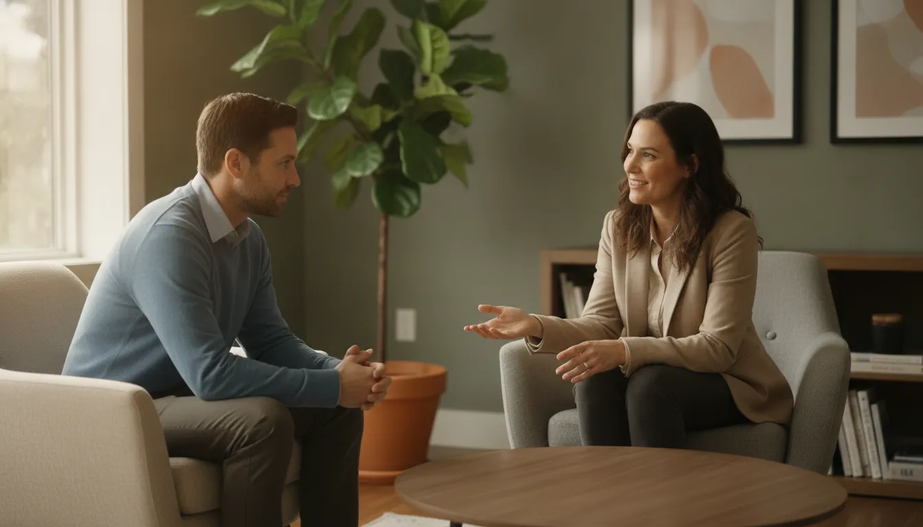 Supportive therapy conversation in a warm Edmonton counselling office