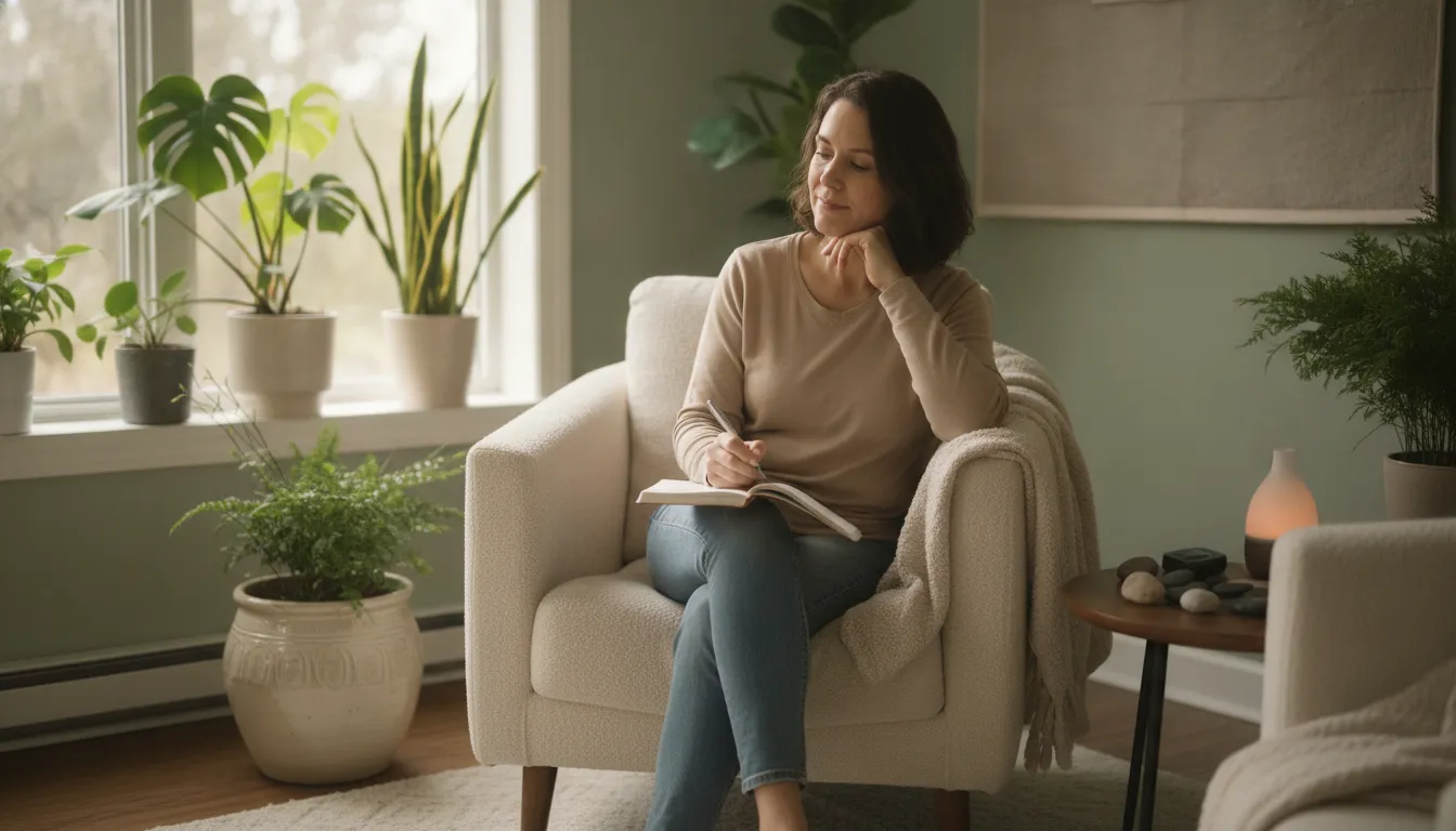 Adult reflecting quietly in a calm, supportive counselling space