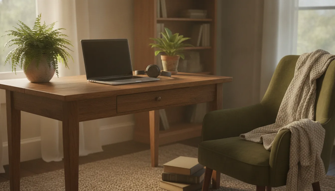 Private home office corner set up for a comfortable online therapy session