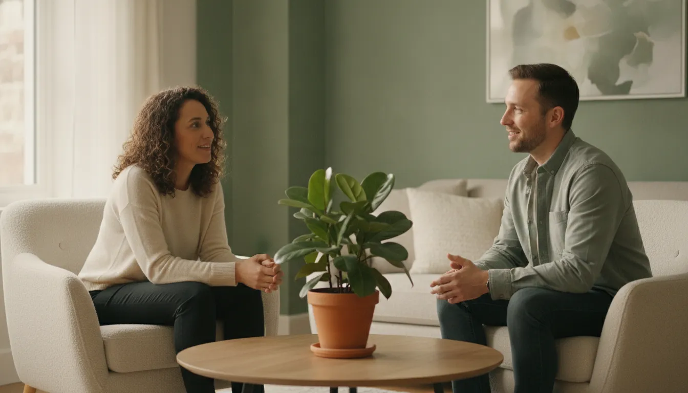 Person speaking with a counsellor in a warm, supportive therapy setting