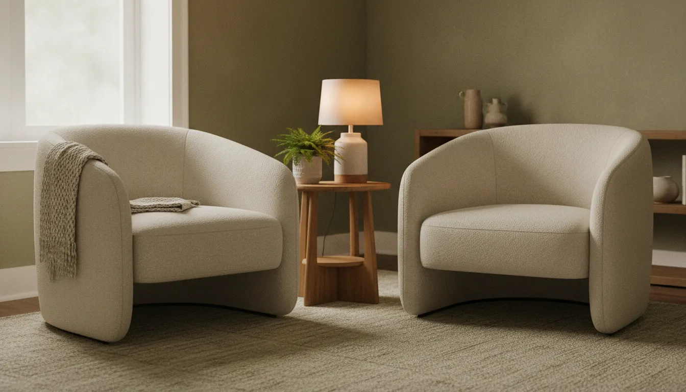 A calm, welcoming counselling office with comfortable chairs, warm lighting and greenery before a therapy session
