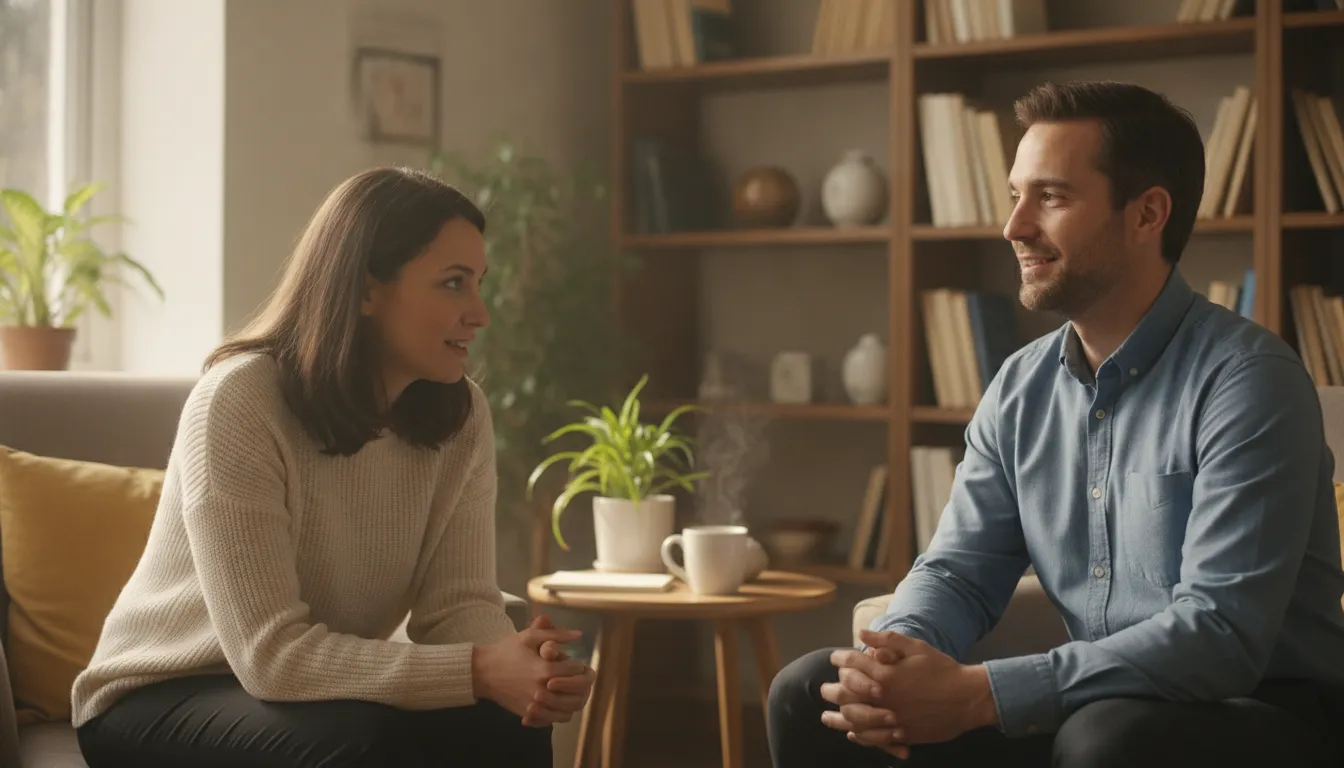 A warm supportive conversation between a counsellor and a client in a bright, calm office
