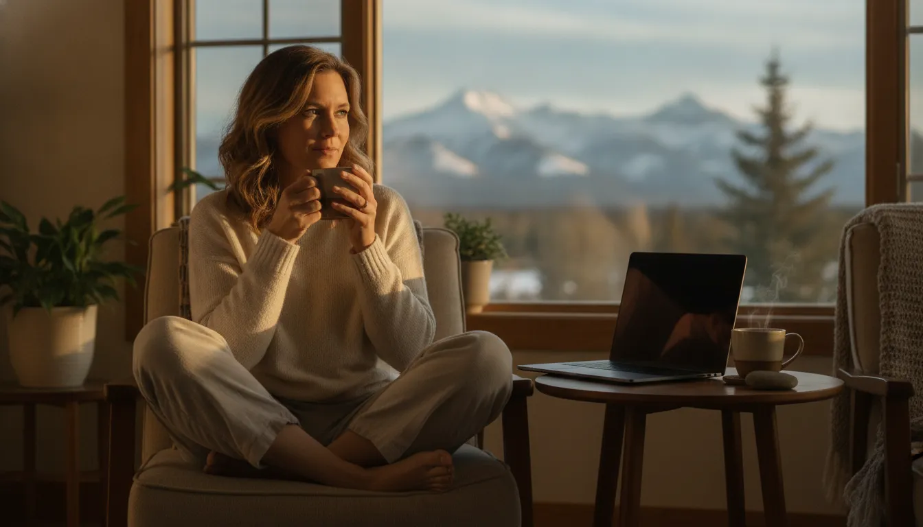 Woman settling into a calm online video counselling session from her home in Alberta