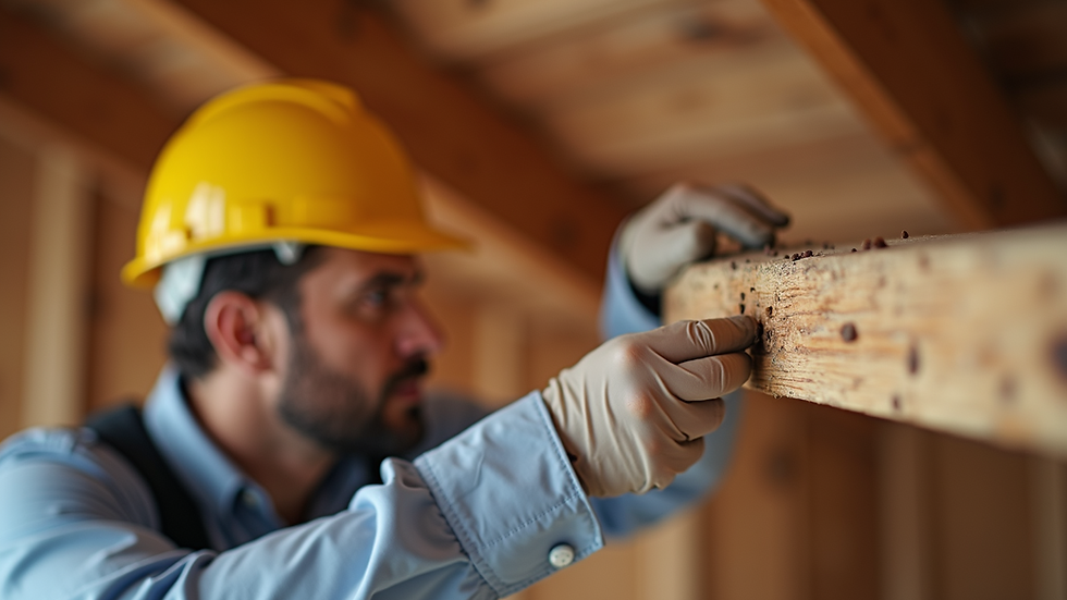 Close-up view of a pest inspector examining a wooden beam for termite damage