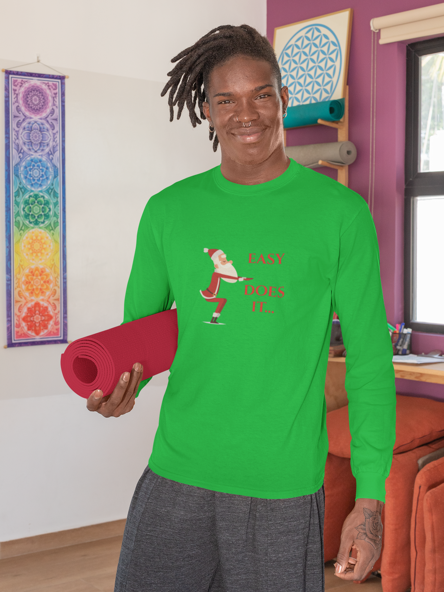 Long Sleeve Tee — 'Easy Does It' Santa Holiday Shirt