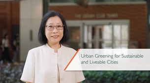 Smiling woman in glasses and white jacket stands before a building; text reads Urban Greening for Sustainable and Liveable Cities.
