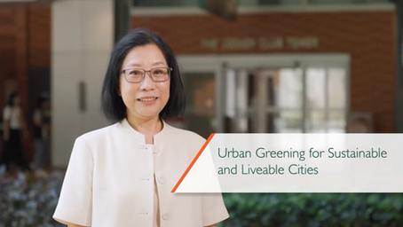 Smiling woman in glasses and white jacket stands before a building; text reads Urban Greening for Sustainable and Liveable Cities.