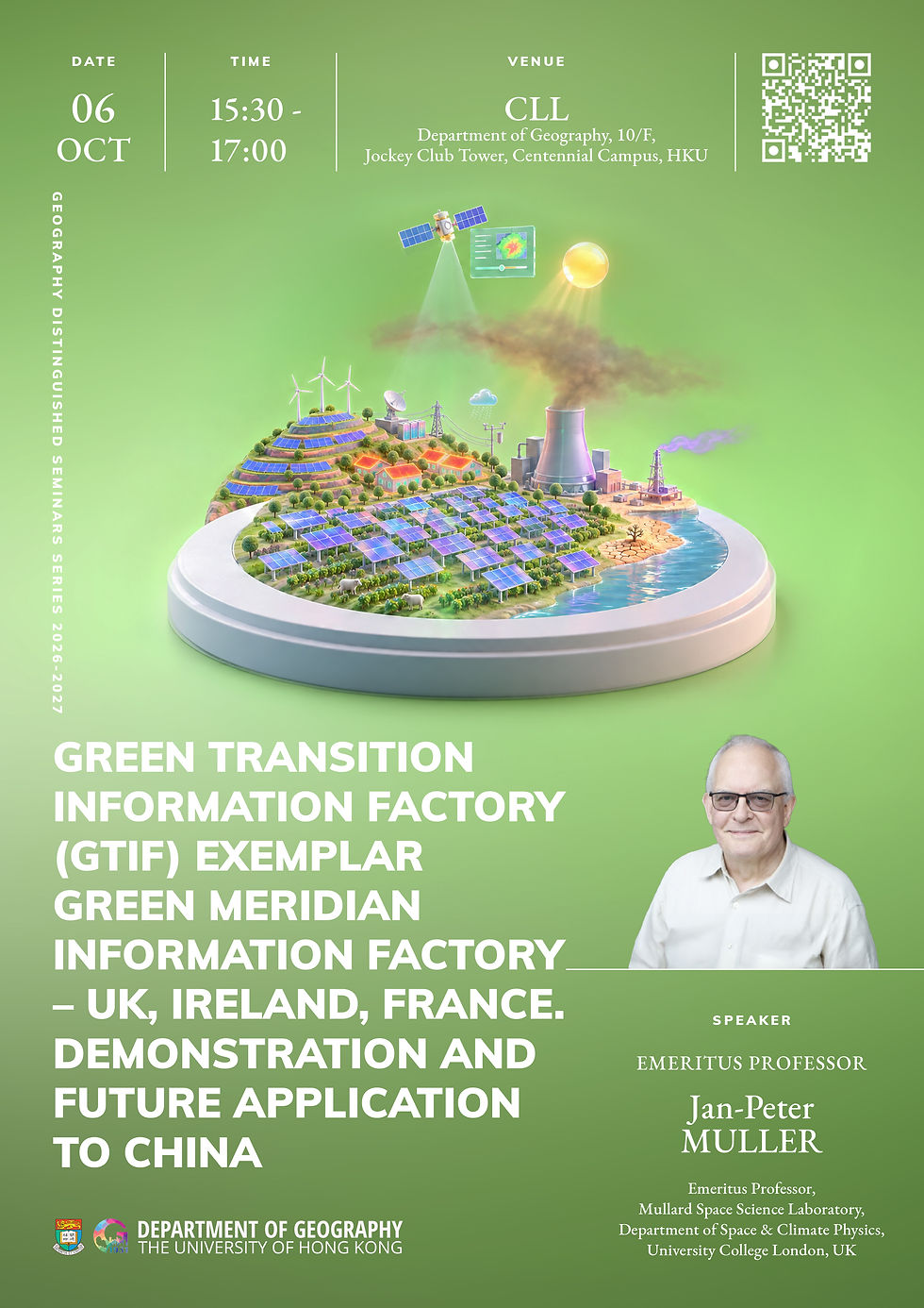 Green seminar poster with solar, wind, factory and city illustration; Oct 6, 15:30–17:00 at CLL, HKU; speaker Jan-Peter Muller
