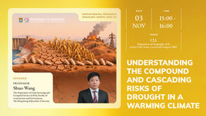 Yellow seminar poster for University of Hong Kong geography talk by Prof. Shuo Wang on drought risks and date/time.