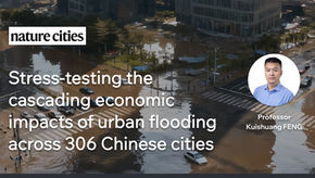 Flooded city intersection with cars; nature cities banner and text about urban flooding across 306 Chinese cities, with Professor Kuishuang FENG shown