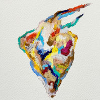 dessin abstrait représentant un cœur anatomique aux couleurs vives et texturées. Les teintes de bleu, vert, rouge, jaune et blanc se mélangent dans un style expressif, appliquées en épaisseur pour créer du relief. L’ensemble évoque une fusion entre l’organique et l’émotionnel, avec des formes qui suggèrent des silhouettes humaines ou des éléments naturels. Le fond blanc met en valeur les contrastes et la richesse des couleurs, donnant à l’œuvre une dimension artistique forte.