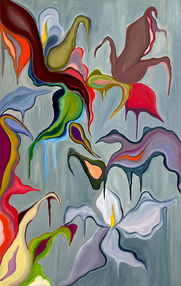 Œuvre abstraite colorée aux formes douces et ondulantes, mêlant des nuances pastel et vives de bleu, rose, orange, vert et violet. L'ensemble donne une impression de légèreté et de dynamisme, rappelant une danse.
